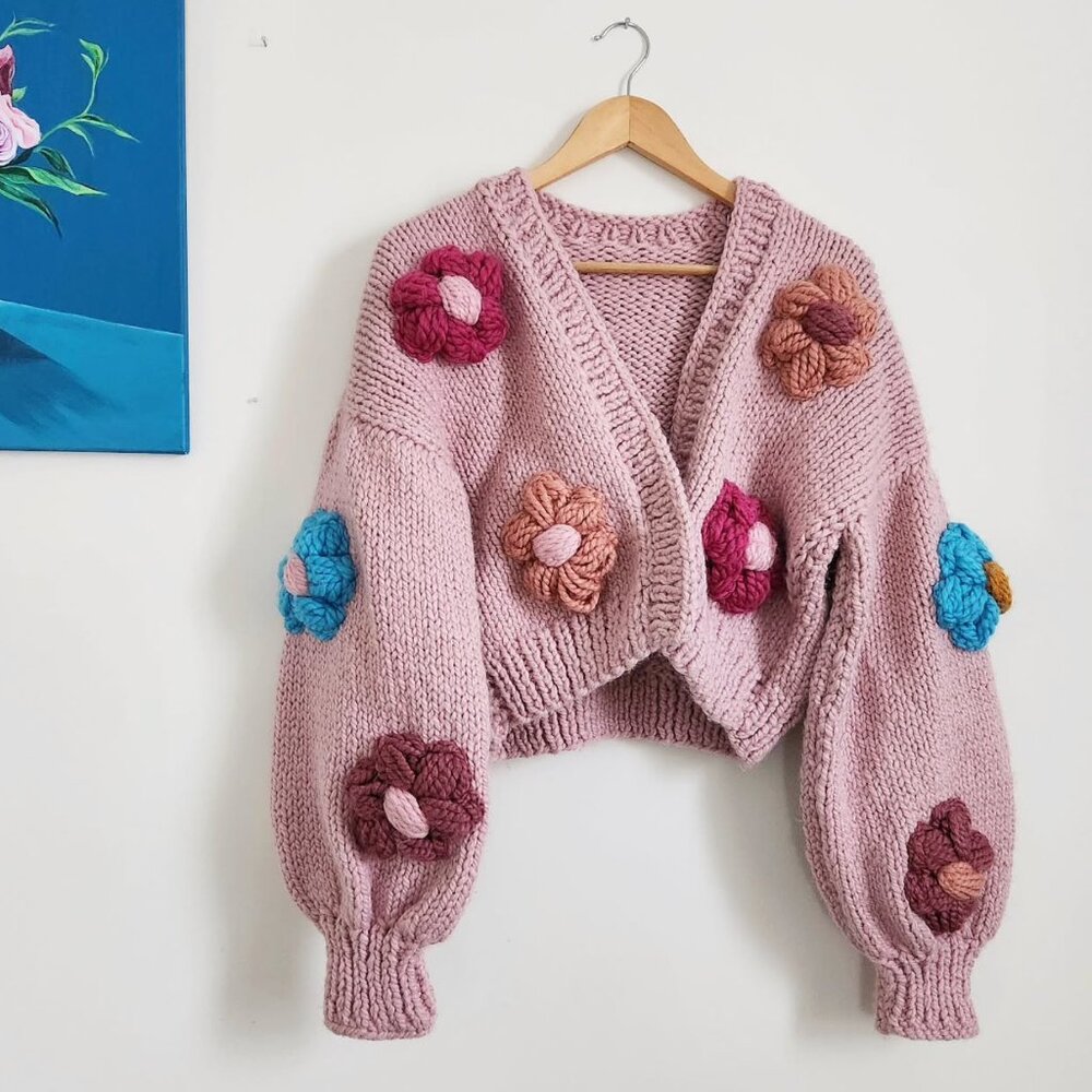 Chunky Boho Knit Cardigan with Giant Flowers